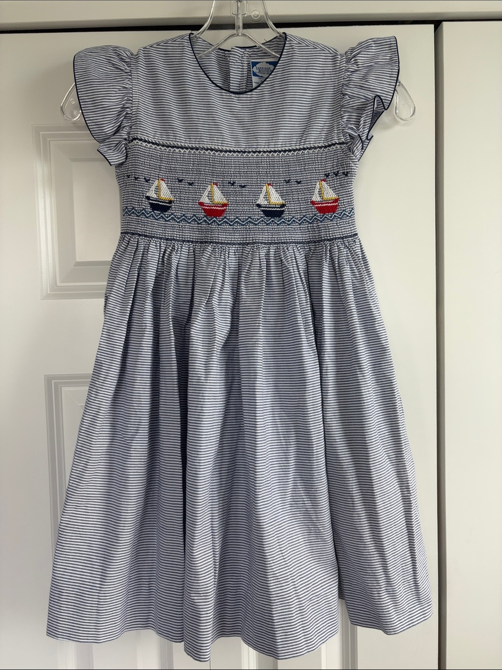 Carriage Boutiques Girls' Blue Striped Smocked Sailboat Dress. 5Y